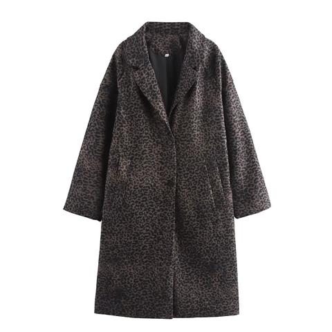 Women Leopard Print Wool Blend Coat French Fashion Lapel Long Sleeve Single Breasted Vintage Outerwear