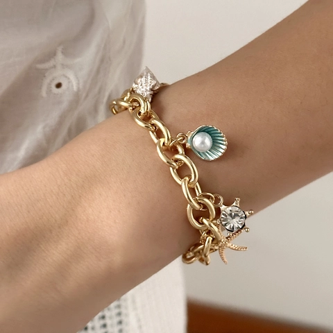 Ocean Theme Shell Starfish Fish Tail Pendant Necklace Bracelet Alloy Enamel Artificial Pearl Jewelry For Women Summer Beach