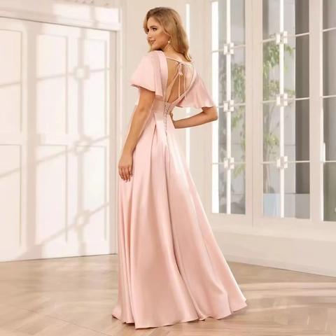 Satin Evening Dress Deep V Neck Side Slit Flutter Sleeve High Waist Slim Fit Elegant Party Maxi Gown For Women