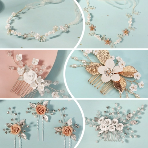 Accessori Capelli Sposa Pettine E Forcine Fiore Argilla Polimerica Perla Artificial Imitazione Strass Vintage Copricapo Matrimonio