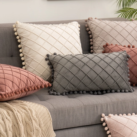 Velvet Throw Pillow Cover Diamond Quilted Decorative Cushion Case With Pompom Trim Luxury Soft Sofa Home Decor