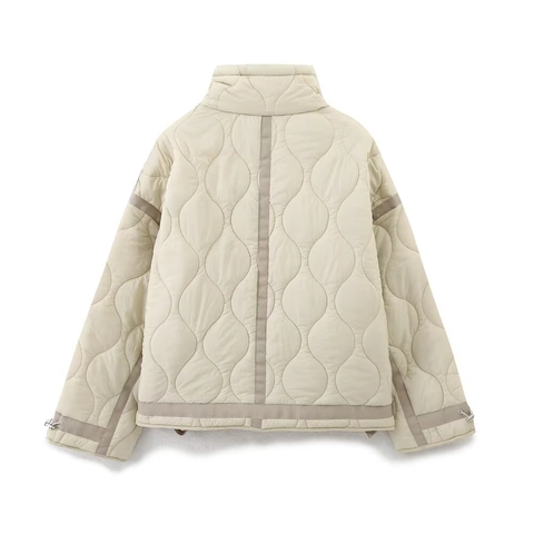 Damen Steppjacke mit Zwiebelmuster Stehkragen Reißverschluss Kordelzug Saum Lockere Passform Herbst Winter Warmer Mantel Beige