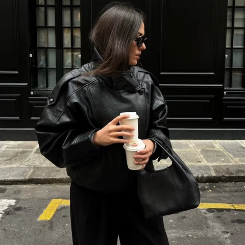 Women Faux Leather Biker Jacket Oversized Stand Collar Long Sleeve PU Outerwear Motorcycle Style Chic