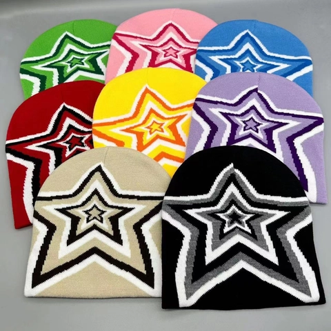 Star Pattern Knitted Beanie Hat Acrylic Warm Winter Cap Hip Hop Streetwear For Men Women