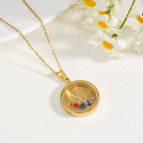 18K Gold Plated Stainless Steel Religious Saint Medal Pendant Necklace With Floating Colorful Rhinestones For Women Jewelry