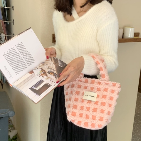 Damen Plüsch Karierte Einkaufstasche Lammwolle Handtasche Schachbrett Winter Mode Tragbar Reißverschluss