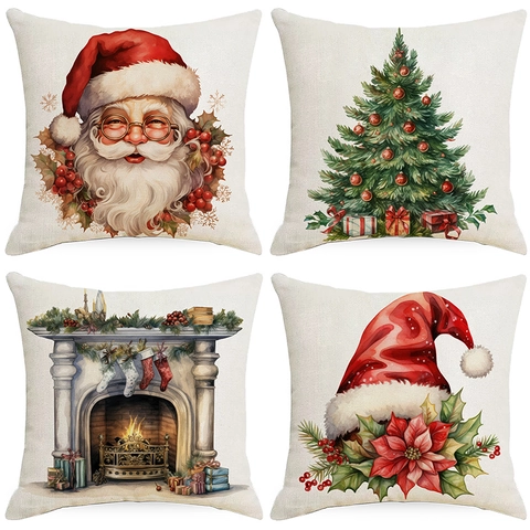 Funda De Cojín De Navidad Lino Acuarela Papá Noel Muñeco De Nieve Impresión Cuadrada Decorativa Para Sofá Hogar