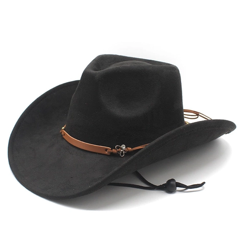Cappello Da Cowboy Occidentale Scamosciato Tesa Larga Con Corda Antivento Fascia Pelle Etnica Jazz Fedora Unisex
