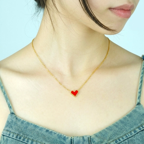 18K Vergoldete Edelstahl Herz Kette Rote Emaille Zierlicher Minimalistischer Modeschmuck Für Damen