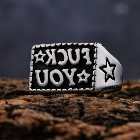 Vintage Punk Rock Siegelring Edelstahl Umgekehrter Buchstabe Stern Graviert Herren Streetwear Hip Hop Schmuck