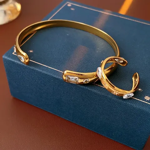 Stainless Steel Zircon Water Drop Cuff Bracelet And Adjustable Open Ring Gold Plated Vintage Elegant Women Jewelry