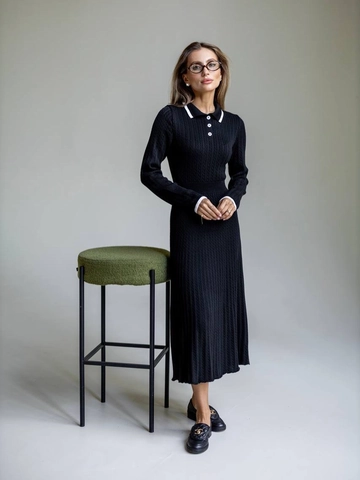 Women Knitted Midi Dress Polo Collar Contrast Trim Long Sleeve Ribbed Cotton Polyester Elegant Hepburn Style Casual