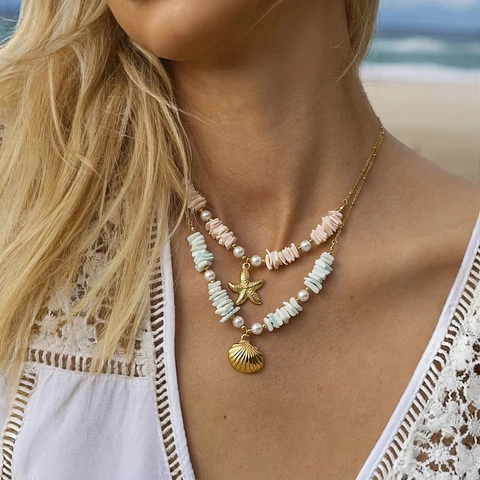 Collana Pendente Stella Marina Conchiglia Acciaio Inossidabile Placcato Oro Perla Artificial Pietra Estate Spiaggia Vacanze Gioielli Donne
