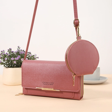 Women Crossbody Cell Phone Bag PU Leather Litchi Texture Double Zipper Long Wallet With Round Coin Purse Korean Style