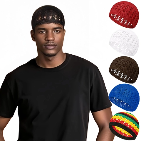 Handgefertigte Häkelmütze Beanie Atmungsaktiv Hollow Out Totenkopf Kappe Kufi Hut Herren Damen Rasta Stil