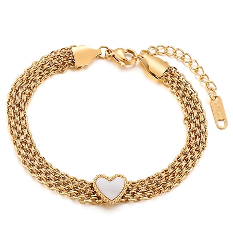 Bracciale Catena Multistrato Acciaio Inossidabile Cuore Madreperla Gioielli Eleganti Donna