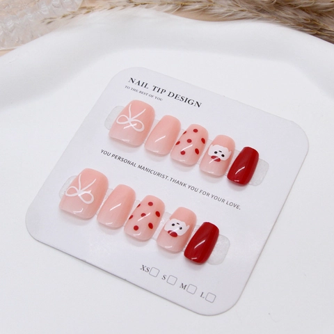 Handmade Press On Nails Short Square Round ABS Plastic Reusable Pink Red Cartoon Puppy Polka Dot Bowknot Sweet Style