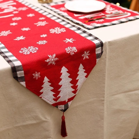 Christmas Table Runner And Placemat Cotton Linen Jacquard Reindeer Snowflake Tassel Holiday Dining Home Decor