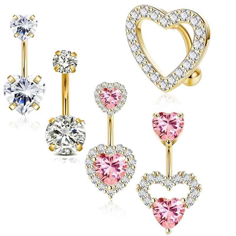 Stainless Steel Heart Belly Button Rings For Women Rhinestone Inlaid Piercing Jewelry Silver Gold Color Navel Ring