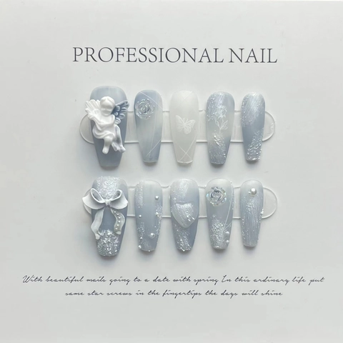 Handmade Press-on Nails Mist Blue White Gradient 3D Angel Relief Bow Rose Pearl Rhinestone Luxury French Style Nails For Women Bride