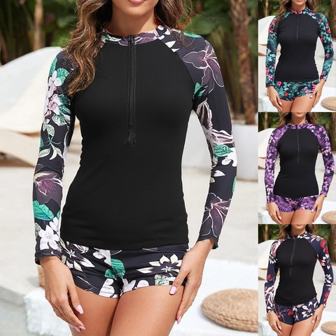 Women Rash Guard Swimsuit Long Sleeve Zipper Printed Two Piece Surfing Suit Sun Protection Floral Polyester