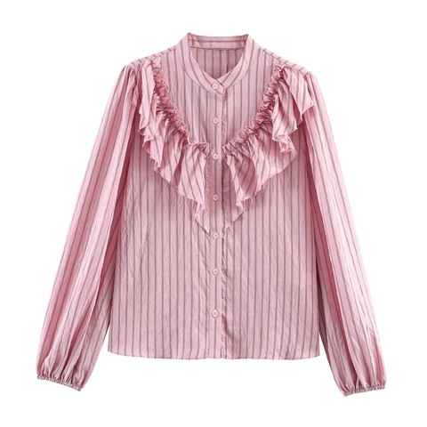 Dames Gestreepte Ruches Blouse Polyester Lange Mouwen Opstaande Kraag Knoopsluiting Casual Elegant Shirt Dames Tops