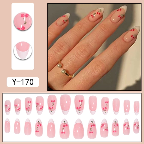 Uñas Postizas Francesas Blancas De Cereza Brillantes Forma Almendra Uñas De Presión Dulce Patrón De Frutas Manicura Puntas De Uñas Para Mujeres