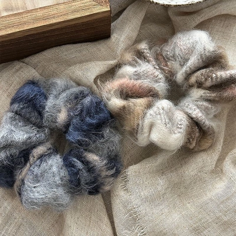 Korean Style Fluffy Mohair Woolen Plaid Floral Leopard Satin Scrunchies Elegant Hair Ties Ponytail Holders Accessories