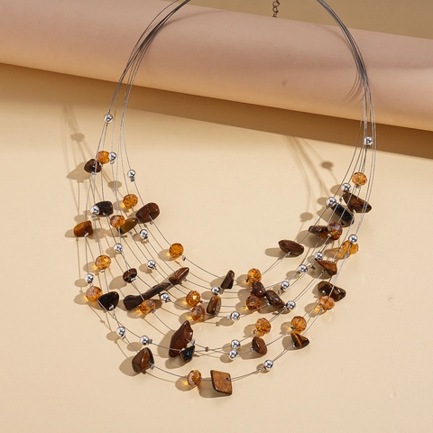 Bohemian Multi Layer Tiger Eye Stone Beaded Necklace Vintage Glass Copper Metal Strand Jewelry For Women