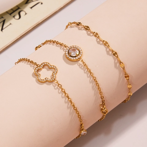 Stainless Steel Fußkettchen 18K Vergoldet Für Damen Zirkonia Hohlblume Runder Charm Fischgrätenkette Elegantes Schmuckstück