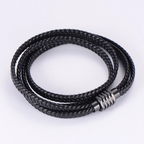 Multi-Layer Braided PU Leather Bracelet With Stainless Steel Magnetic Clasp For Men Unisex Casual Wrap Style