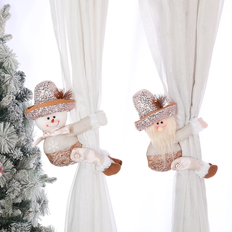 Christmas Curtain Tiebacks Sequin Plush Santa Claus Snowman Window Drapery Holdbacks Festive Home Holiday Decor Champagne