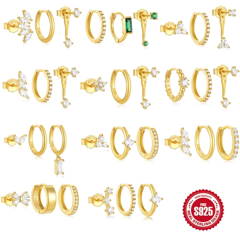 925 Sterling Silver Gold Plated Zirconia Earrings Irregular Geometric Stud And Hoop Earrings Minimalist Jewelry For Women