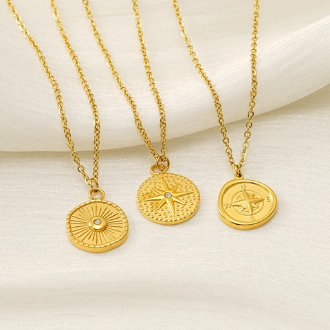 Eight Pointed Star Kompass Anhänger Halskette 18K Vergoldet Edelstahl Strass Vintage Schmuck Für Damen