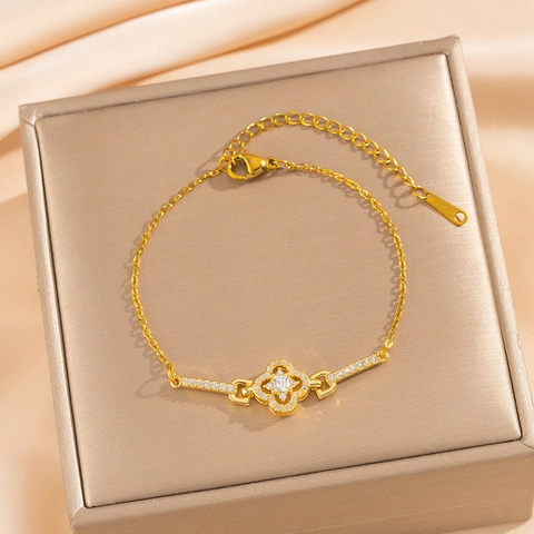 Pulsera De Trébol De Cuatro Hojas De La Suerte Cobre Chapado En Oro Circonita Cúbica Joyería Floral Para Mujer Ajustable