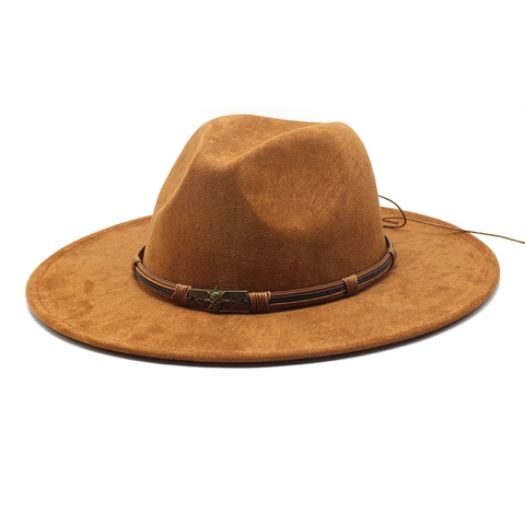 Western Cowboy Fedora Hat Wide Brim Suede Polyester With Skull Buckle Braided Band Vintage Jazz Knight Unisex Sunshade