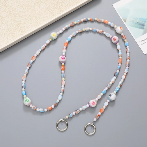 Handmade Acrylic Beaded Phone Lanyard Number Print Crossbody Phone Chain Colorful Marble Pattern Strap Women Girl Tech Jewelry