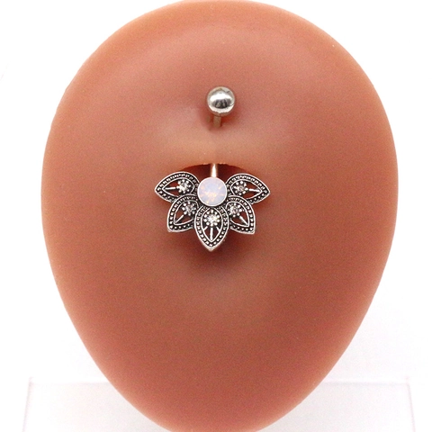 Belly Button Ring 316L Stainless Steel Bar Lotus Flower Hollow White Opal Rhinestone Navel Piercing Jewelry For Women
