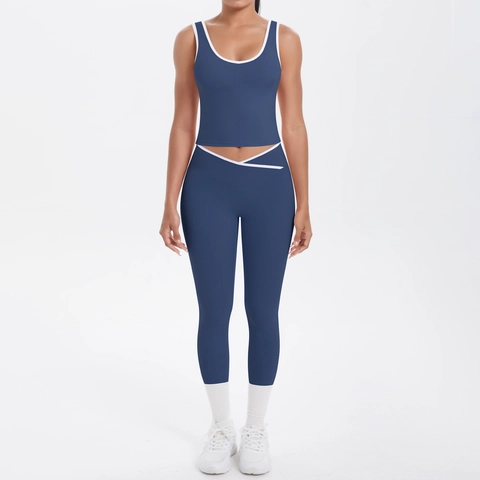 Damen Workout Yoga Sport Tank Top Und High Waist V-Cross Leggings Kontrastbindung Slim Fit Athletische Fitnessbekleidung