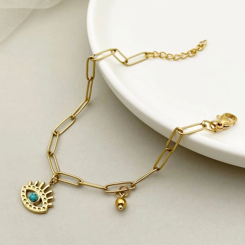 Evil Eye Büroklammerkette Armband Edelstahl Mit Blauem Türkis Anhänger Vergoldeter Schmuck Für Damen