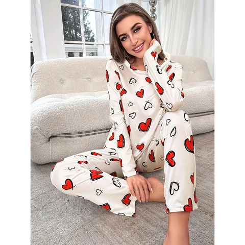 Damen Schlafanzug Oberteil Und Hose Herzmuster Langarm Rundhalsausschnitt Polyester Elasthan Homewear Casual