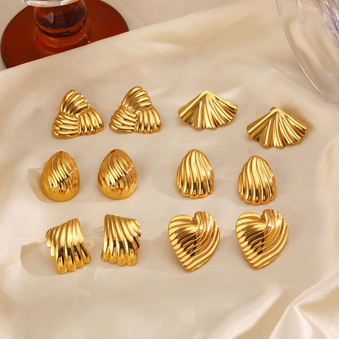 Orecchini A Lobo Geometrici Testurizzati Acciaio Inossidabile Vintage Cuore Triangolo Conchiglia Forme Placcato Oro Gioielli Donna