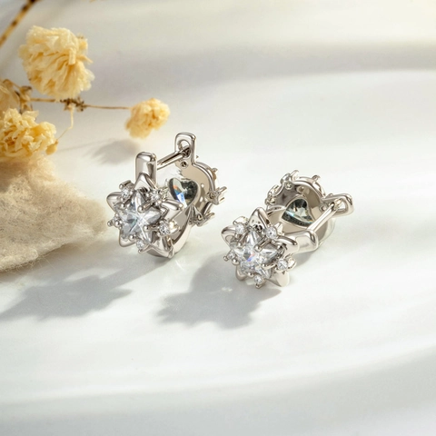 Orecchini A Cerchio Asimmetrici Vintage Cuore Stella Rame Zirconia Con Silver Earring Post Gioielli Piercing Donna