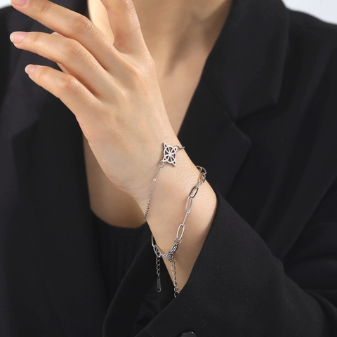 Celtic Witch Knot Double Layer Bracelet 304 Stainless Steel Hollow Flower Paperclip Chain Jewelry For Women