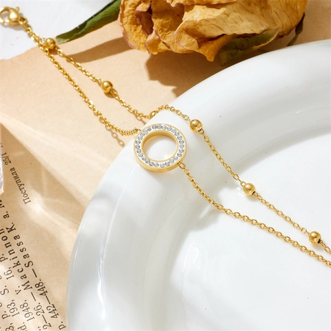 Stainless Steel Double Layer Bracelet Gold Plated Beaded Chain Cubic Zirconia Circle Pendant Adjustable For Women