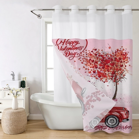 Valentijnsdag Douchegordijn Waterdicht Polyester Wafelweefsel Gelaagd Ontwerp Zonder Haken Rode Vrachtwagen Hart Gnome Decor