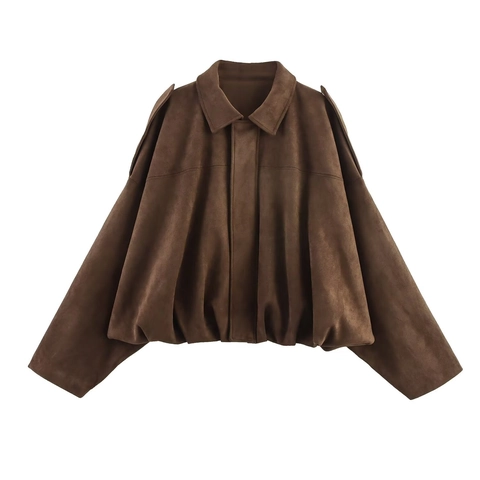 Giacca In Finta Pelle Scamosciata Donna Collo A Revers Manica A Pipistrello Casual Vintage Streetwear