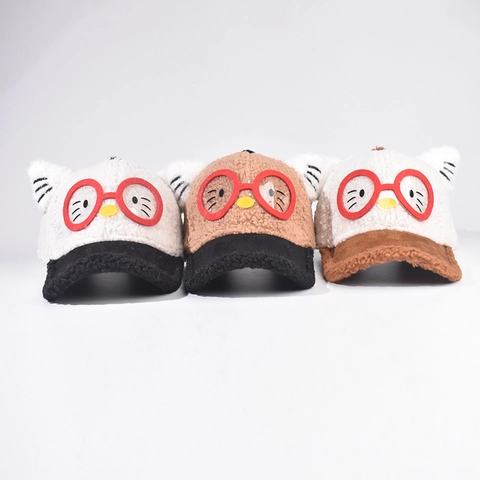 Cappellino Da Baseball Gatto Cartone Animato Bambini Pile Sherpa Cappello Invernale Caldo Con Orecchie 3D E Ricamo Occhiali