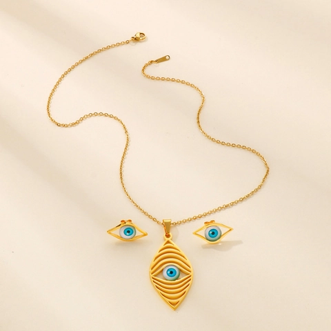 Collar Y Pendientes Evil Eye Chapado En Oro Acero Inoxidable Hueco Estilo Bohemio Minimalista Para Mujeres