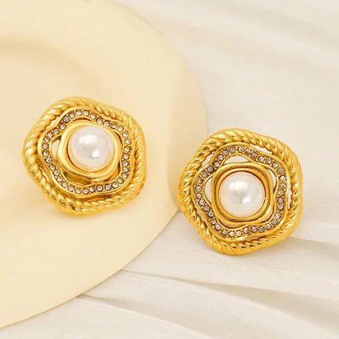 Vintage Runde Künstliche Perlen Ohrstecker 18K Vergoldet Edelstahl Zirkon Eingelegt Eleganter Französischer Retro Schmuck Damen